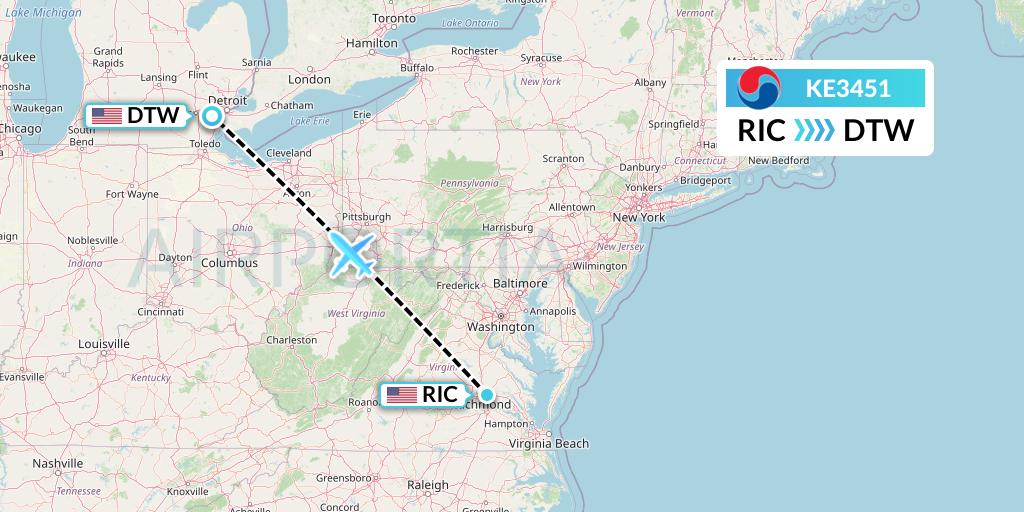 KE3451 Korean Air Flight Map: Richmond to Detroit