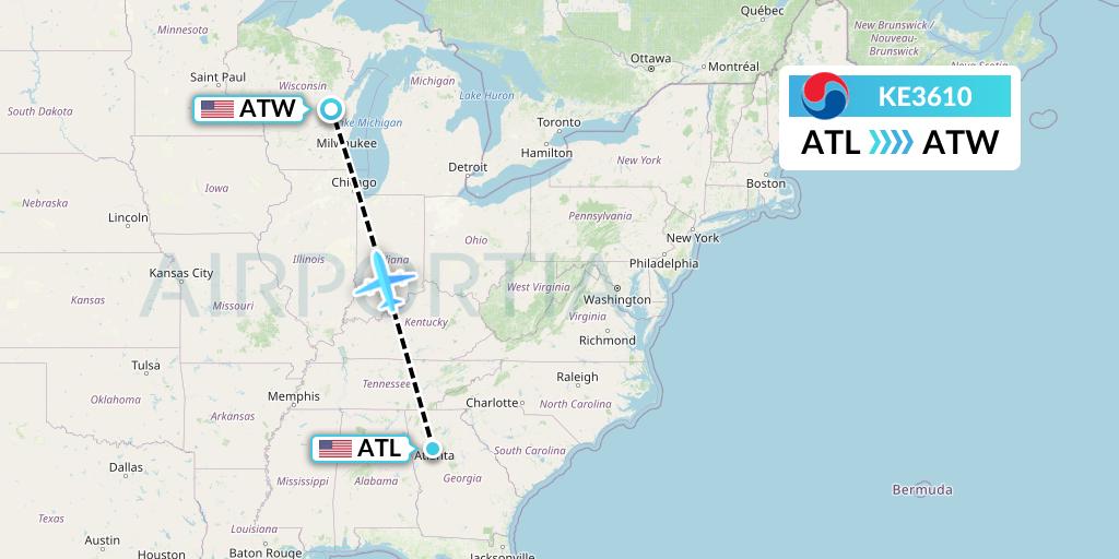 KE3610 Korean Air Flight Map: Atlanta to Appleton