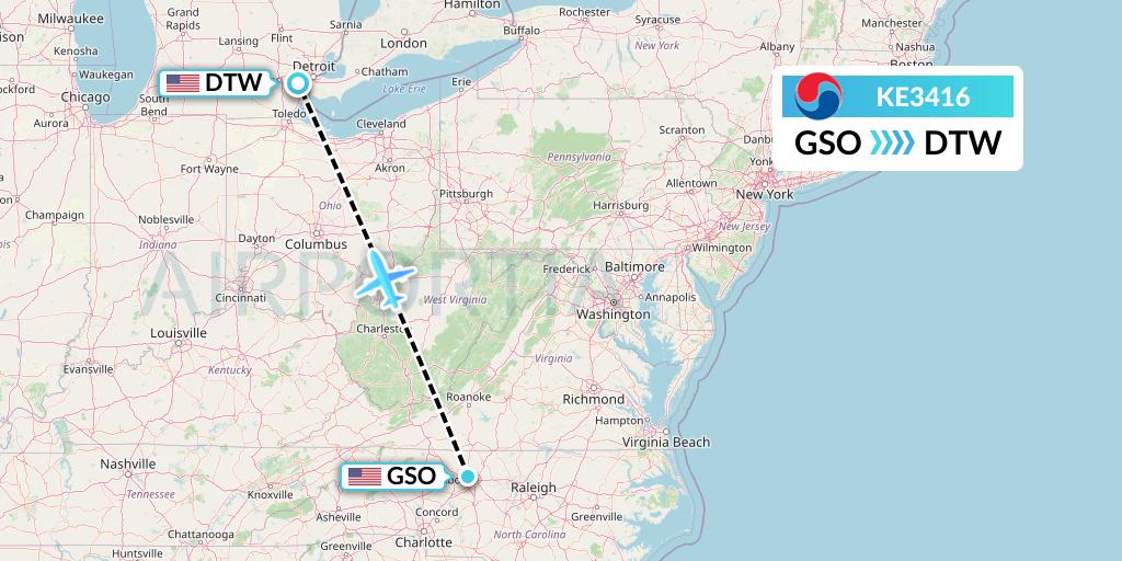 KE3416 Korean Air Flight Map: Greensboro to Detroit