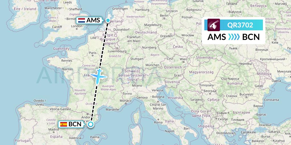 QR3702 Qatar Airways Flight Map: Amsterdam to Barcelona