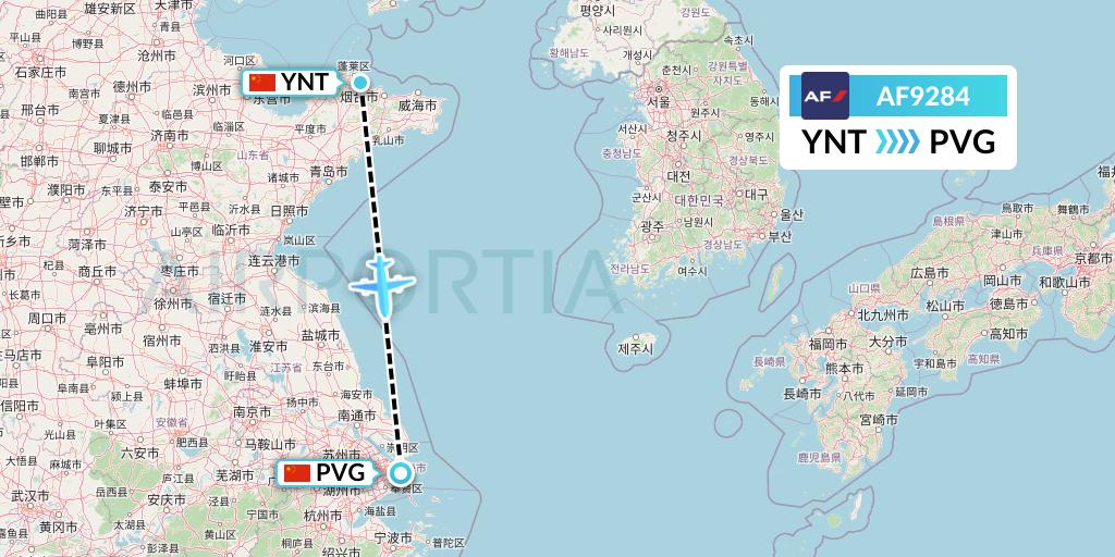 AF9284 Air France Flight Map: Yantai to Shanghai