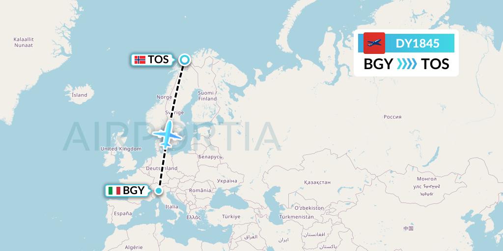 DY1845 Norwegian Flight Map: Milan to Tromso