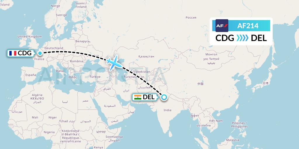 AF214 Air France Flight Map: Paris to Delhi