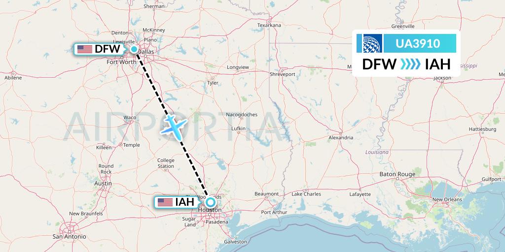 UA3910 United Airlines Flight Map: Dallas to Houston