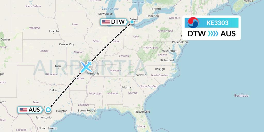 KE3303 Korean Air Flight Map: Detroit to Austin