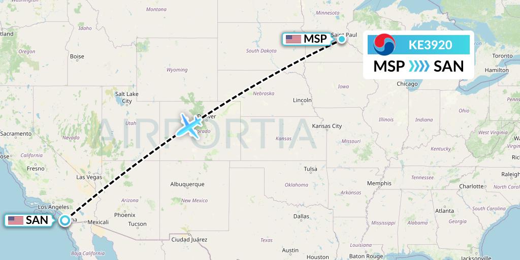 KE3920 Korean Air Flight Map: Minneapolis to San Diego