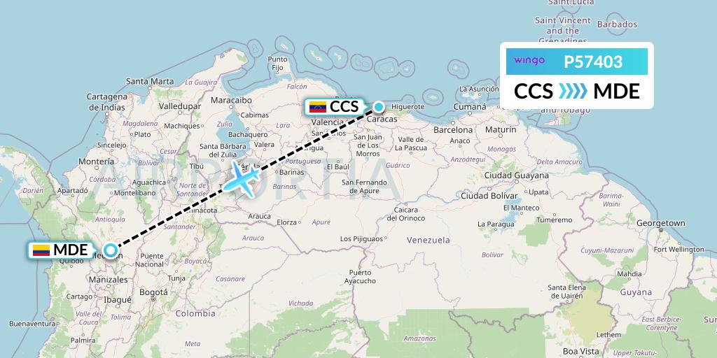 P57403 Copa Airlines Colombia Flight Map: Caracas to Medellin
