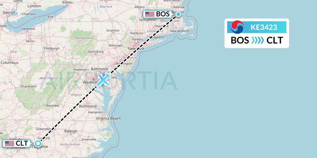 KE3423 Korean Air Flight Map: Boston to Charlotte