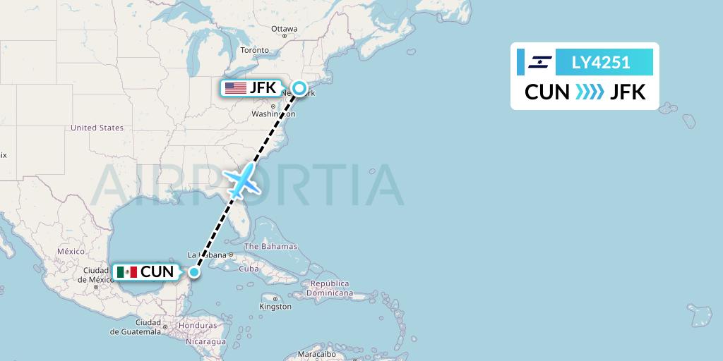LY4251 El Al Flight Map: Cancun to New York