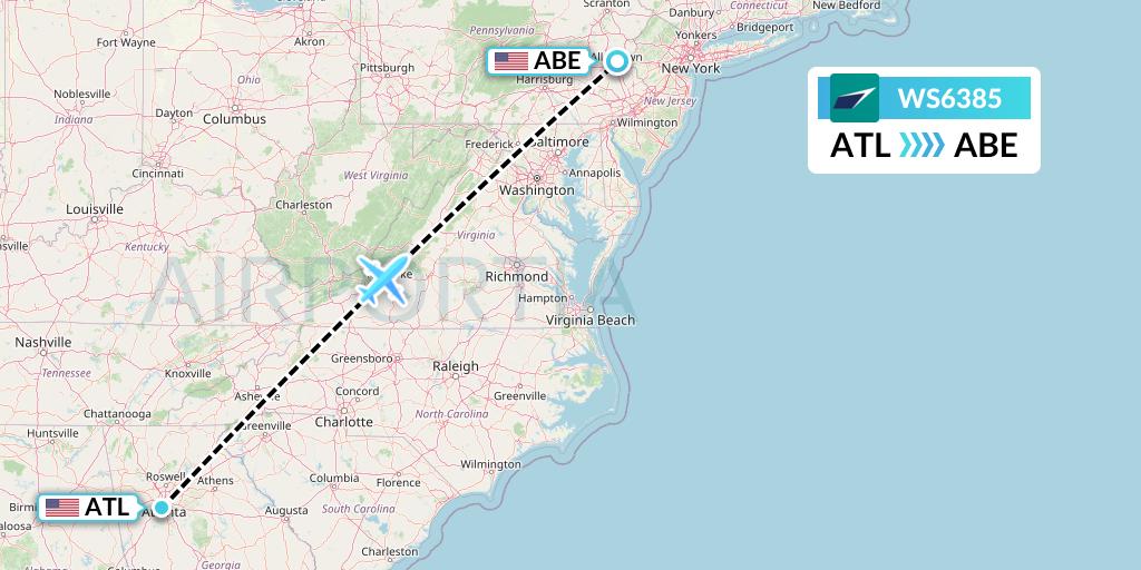 WS6385 WestJet Flight Map: Atlanta to Allentown