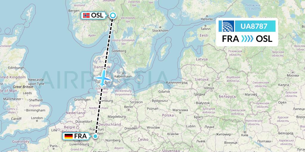 UA8787 United Airlines Flight Map: Frankfurt to Oslo