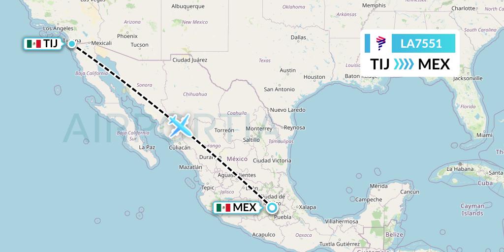 LA7551 LAN Airlines Flight Map: Tijuana to Mexico City