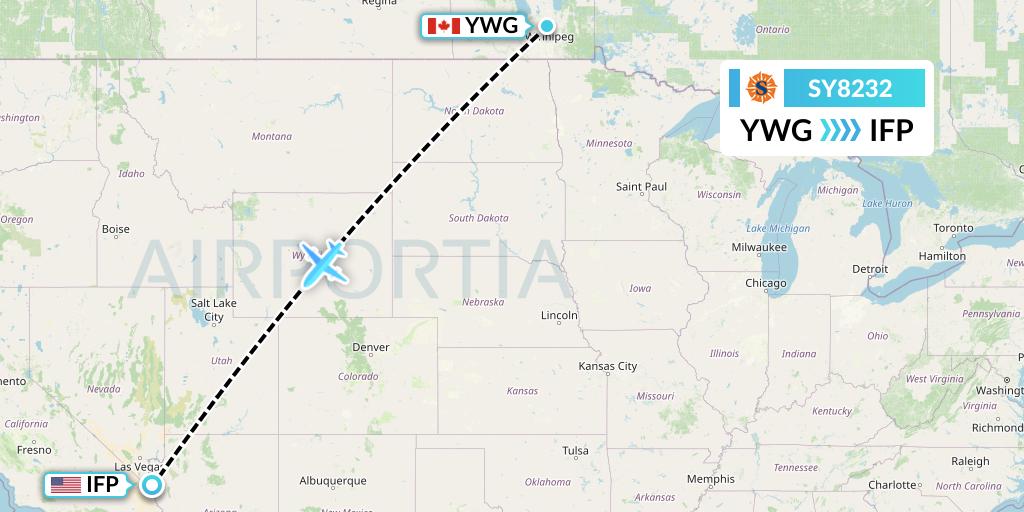 SY8232 Sun Country Airlines Flight Map: Winnipeg to Bullhead City