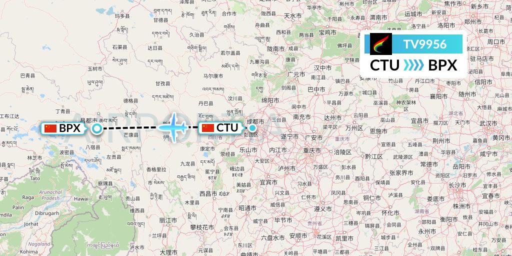 TV9956 Tibet Airlines Flight Map: Chengdu to Bangda