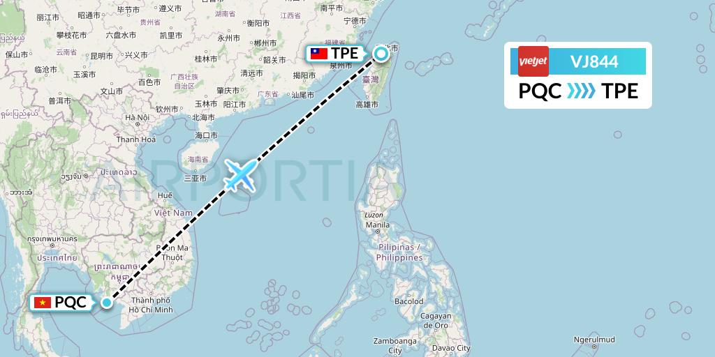 VJ844 VietJet Air Flight Map: Phu Quoc to Taipei