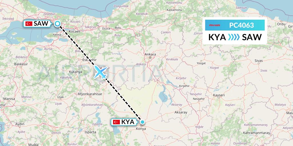 PC4063 Pegasus Airlines Flight Map: Konya to Istanbul