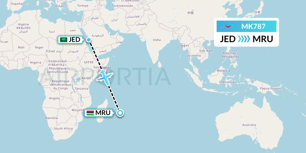 MK787 Air Mauritius Flight Map: Jeddah to Port Louis