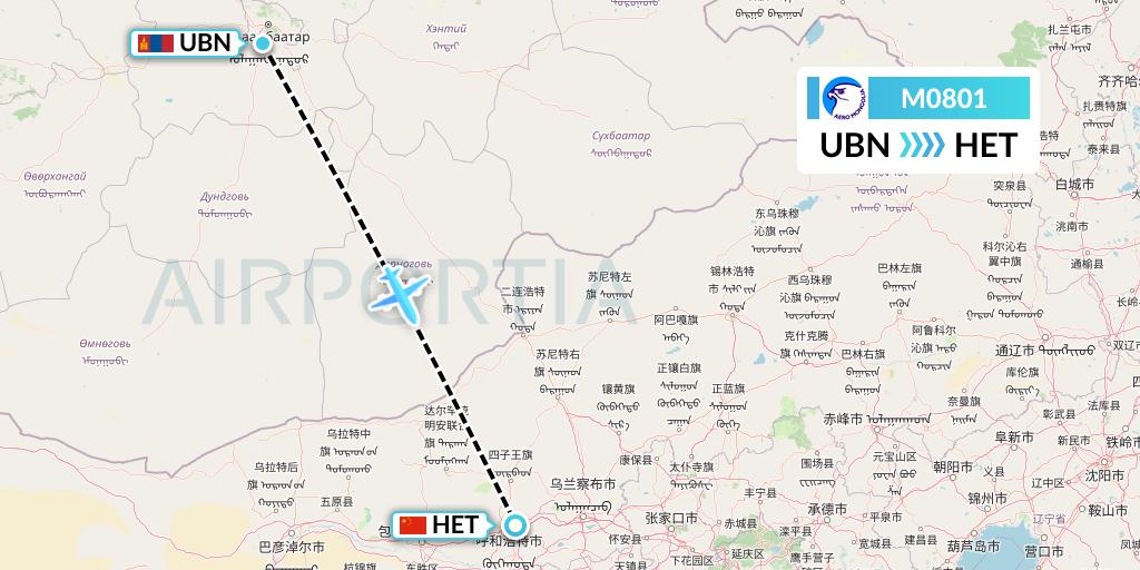 M0801 Aero Mongolia Flight Map: Ulan Bator to Hohhot