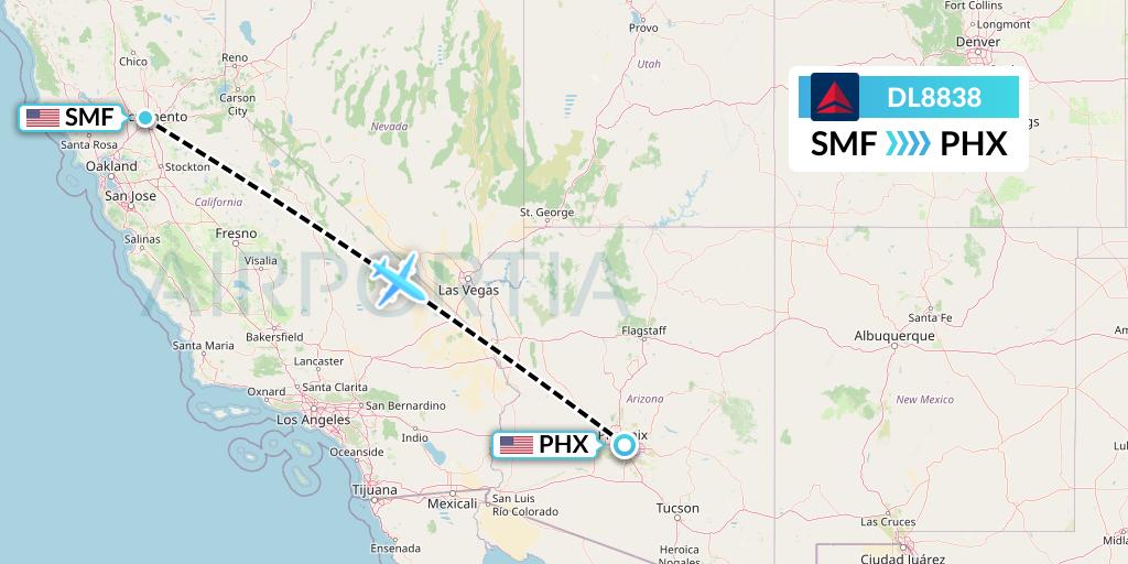 DL8838 Delta Air Lines Flight Map: Sacramento to Phoenix