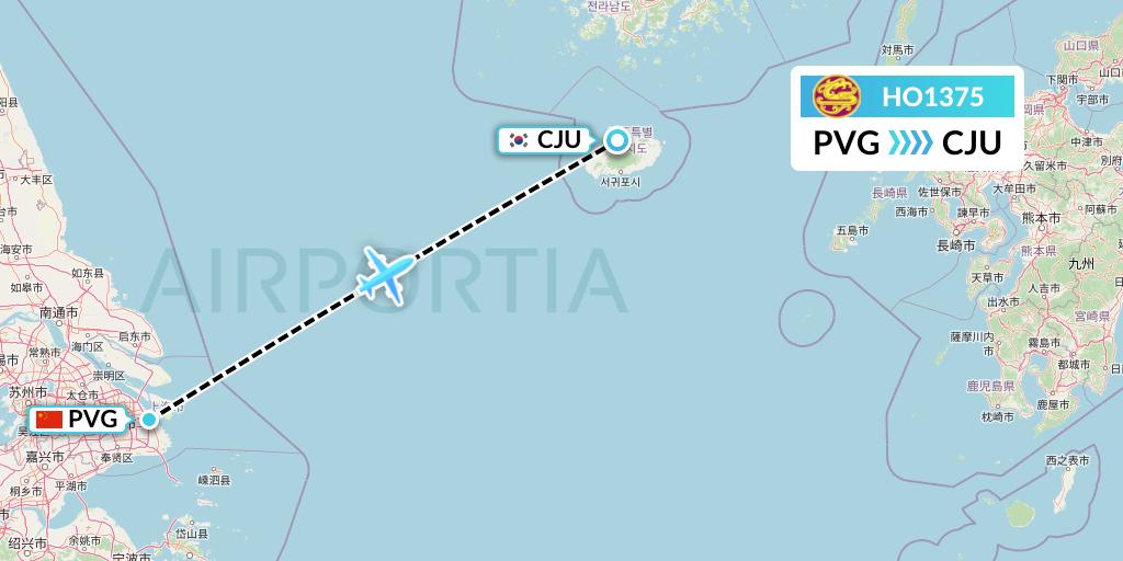 HO1375 Juneyao Airlines Flight Map: Shanghai to Jeju