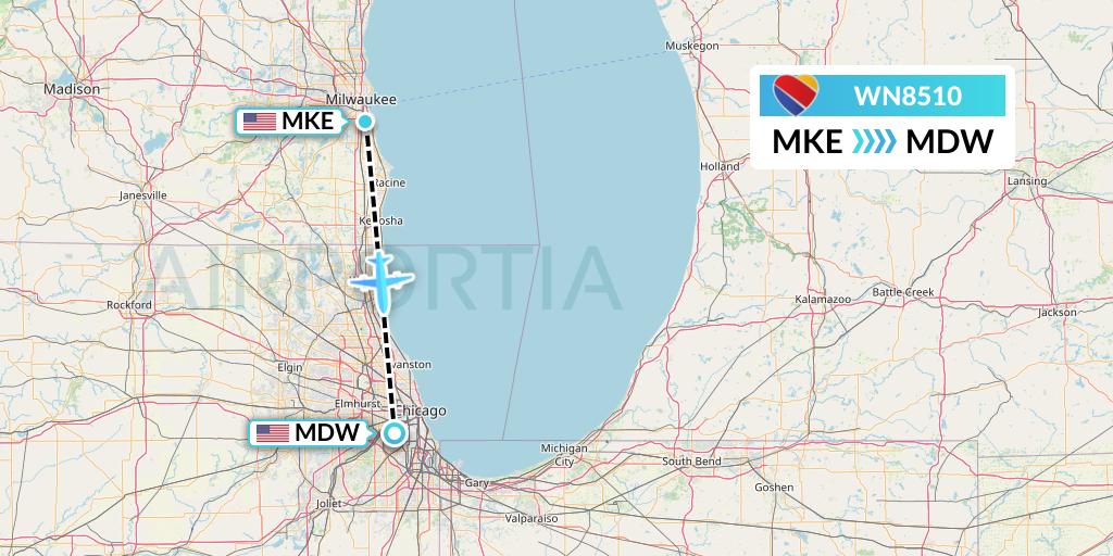 WN8510 Southwest Airlines Flight Map: Milwaukee to Chicago