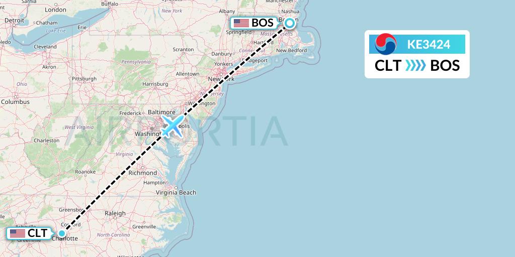 KE3424 Korean Air Flight Map: Charlotte to Boston