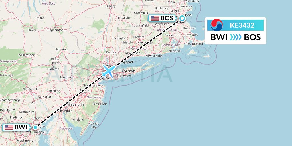KE3432 Korean Air Flight Map: Baltimore to Boston