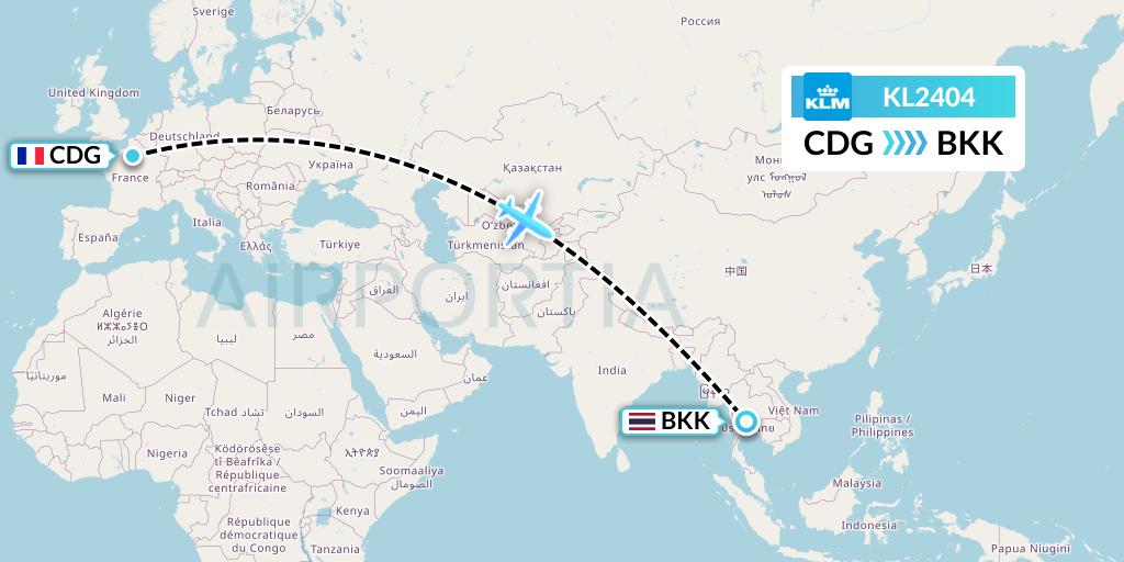 KL2404 KLM Flight Map: Paris to Bangkok
