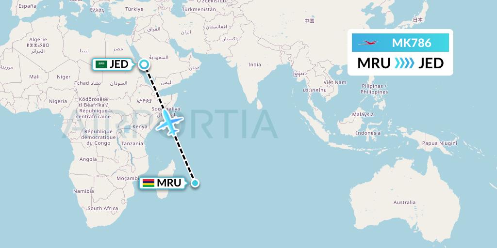 MK786 Air Mauritius Flight Map: Port Louis to Jeddah