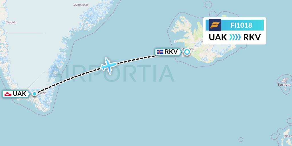 FI1018 Icelandair Flight Map: Narsarsuaq to Reykjavik