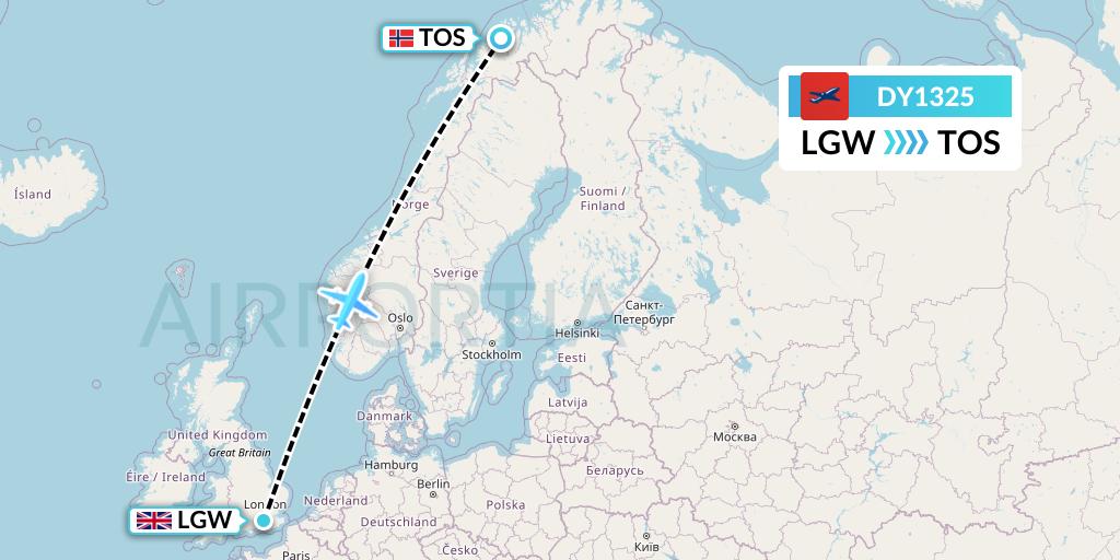 DY1325 Norwegian Flight Map: London to Tromso