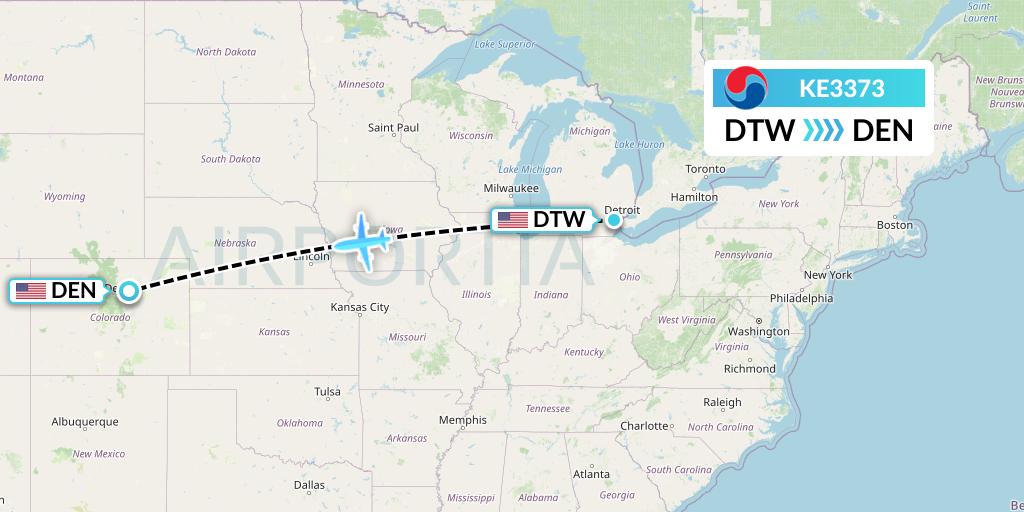 KE3373 Korean Air Flight Map: Detroit to Denver