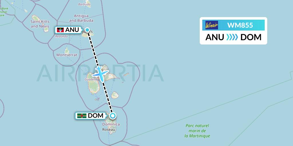 WM855 Winair Flight Map: Antigua to Dominica