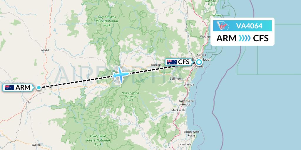 VA4064 Virgin Australia Flight Map: Armidale to Coffs Harbour