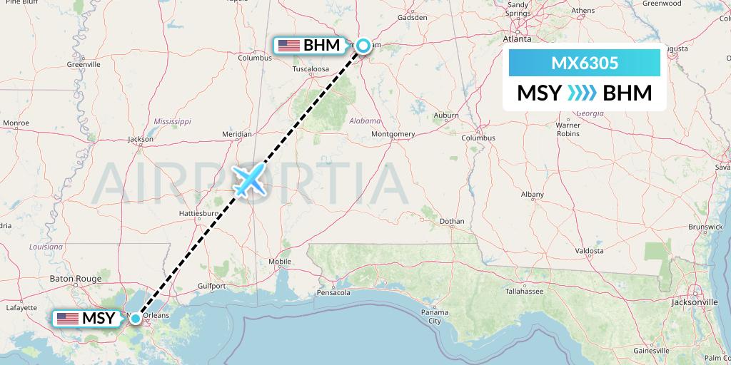 MX6305 Breeze Airways Flight Map: New Orleans to Birmingham