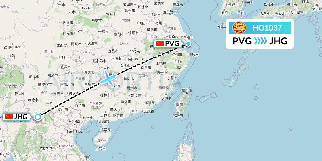 HO1037 Juneyao Airlines Flight Map: Shanghai to Jinghong