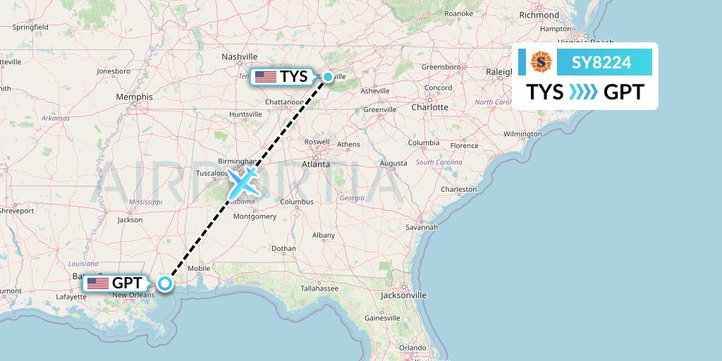 SY8224 Sun Country Airlines Flight Map: Knoxville to Gulfport