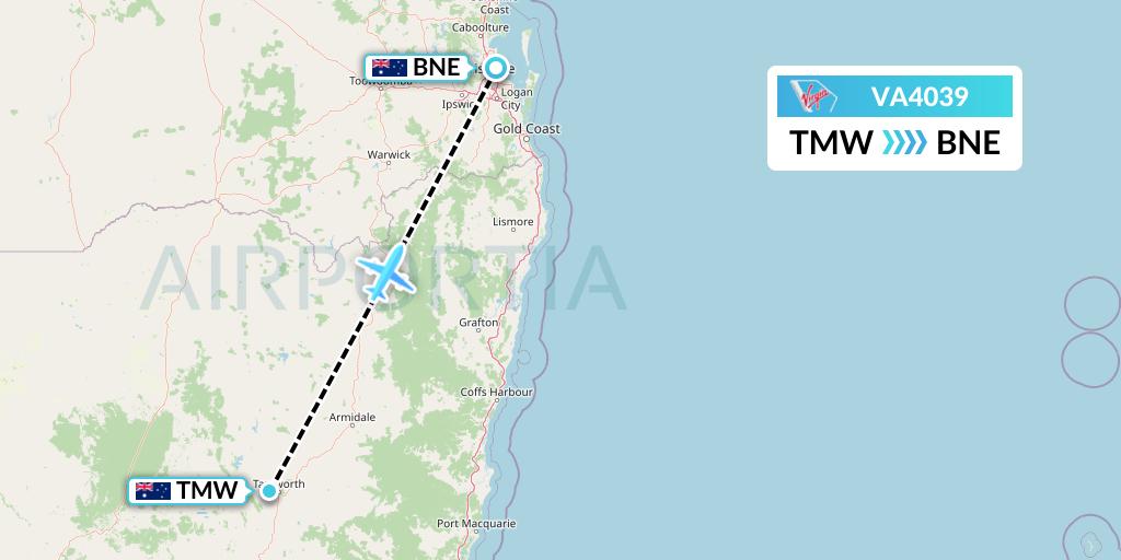 VA4039 Virgin Australia Flight Map: Tamworth to Brisbane