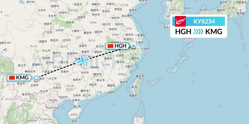 KY8234 Kunming Airlines Flight Map: Hangzhou to Kunming