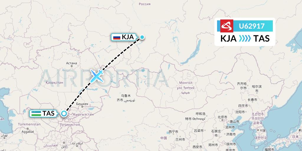 U62917 Ural Airlines Flight Map: Krasnoyarsk to Tashkent