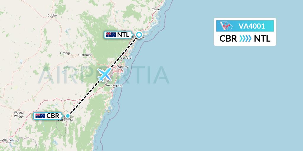 VA4001 Virgin Australia Flight Map: Canberra to Newcastle