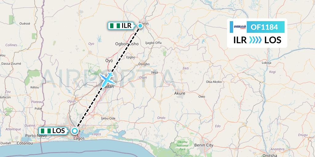 OF1184 Overland Airways Flight Map: Ilorin to Lagos