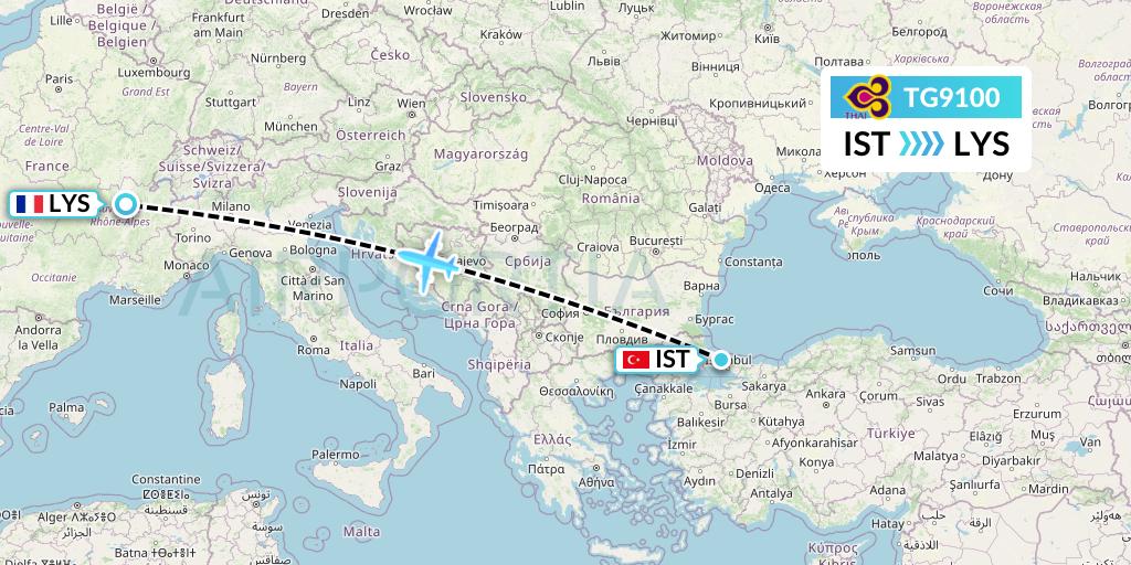 TG9100 Thai Airways Flight Map: Istanbul to Lyon