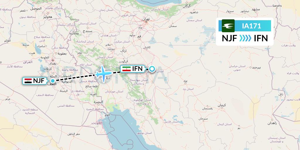 IA171 Iraqi Airways Flight Map: Najaf to Isfahan