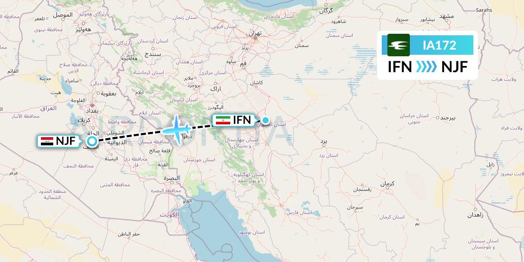 IA172 Iraqi Airways Flight Map: Isfahan to Najaf