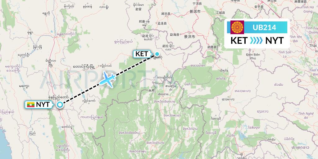 UB214 Myanmar National Airlines Flight Map: Kengtung to Naypyidaw 