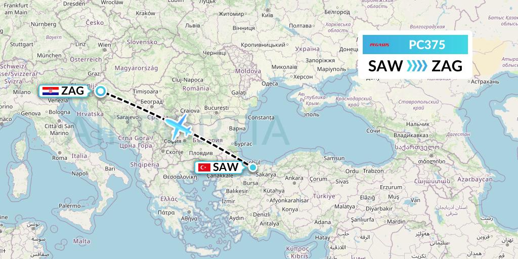 PC375 Pegasus Airlines Flight Map: Istanbul to Zagreb