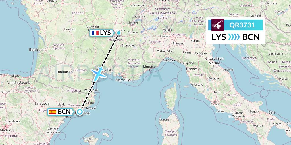 QR3731 Qatar Airways Flight Map: Lyon to Barcelona