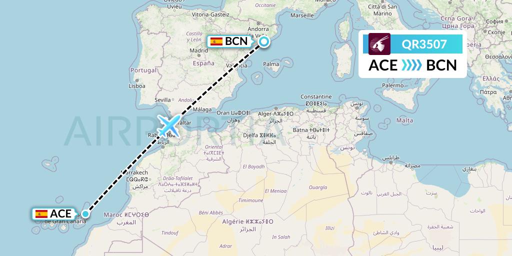 QR3507 Qatar Airways Flight Map: Lanzarote to Barcelona