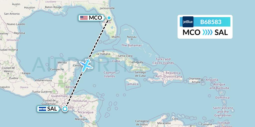 B68583 JetBlue Airways Flight Map: Orlando to San Salvador